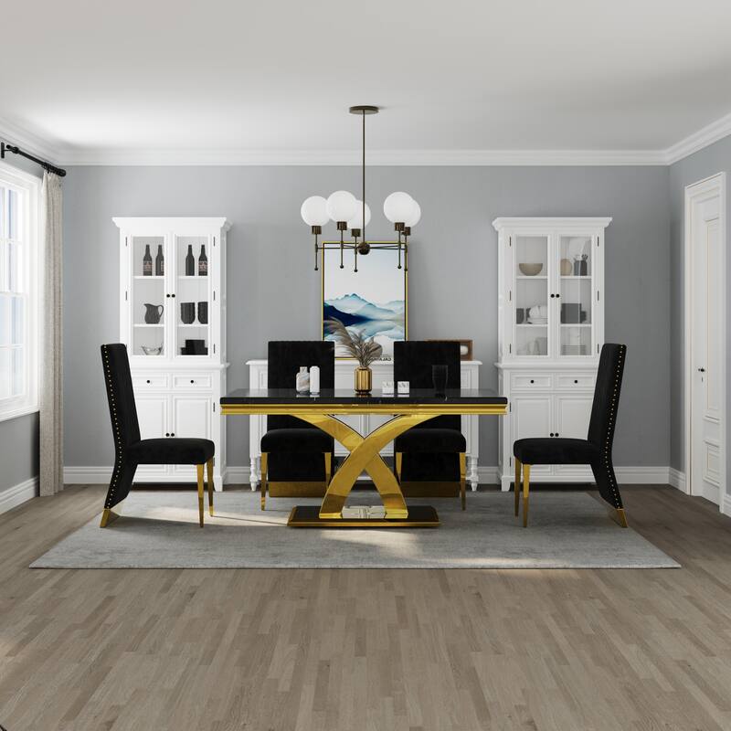 Stylish Modern X Cross Base Dining Room Table Set with Gold Dining Chairs