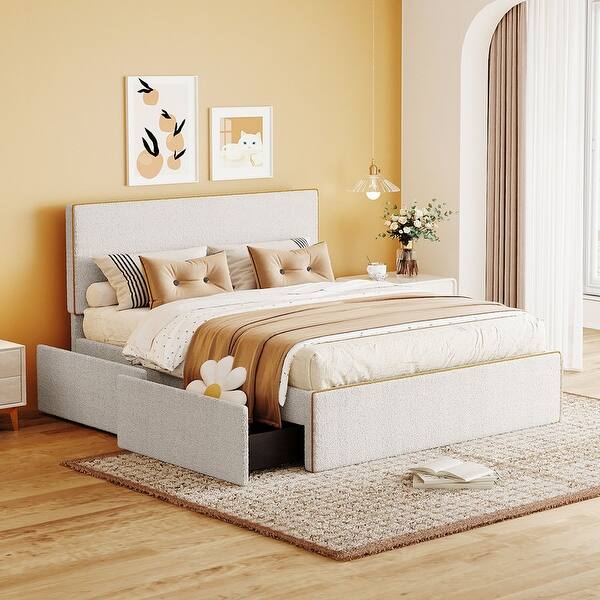 Full Size Upholstered Platform Bed with 4 Drawers and Golden Edge