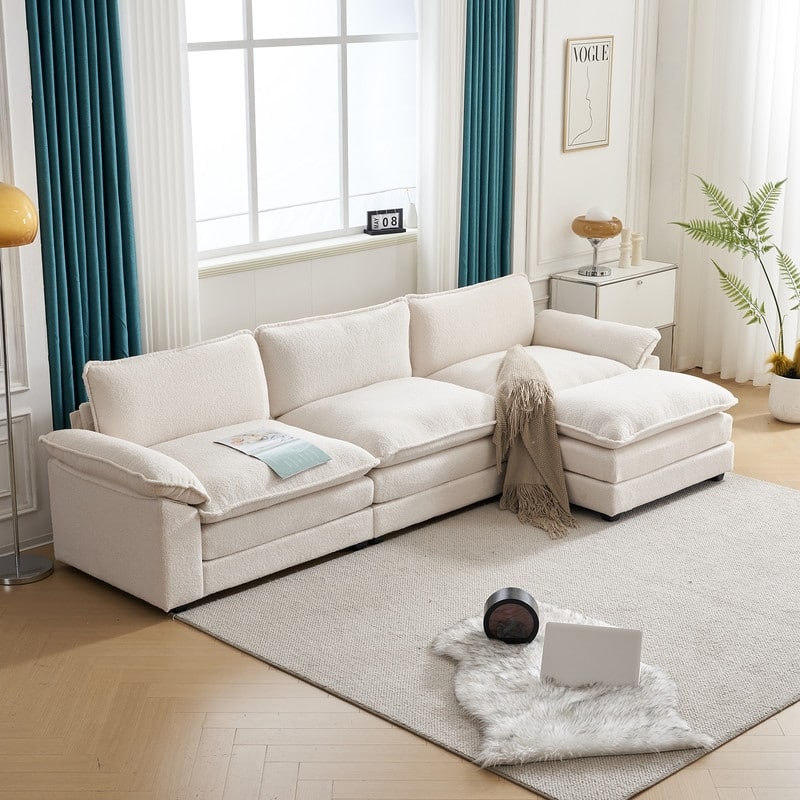 Double Layer Cushion Cloud Couch, Moludar Sofa With Reversible Ottoman For Living Room - Beige Boucle - Reversible