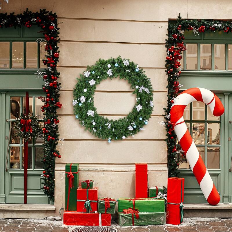 Pre-lit Christmas Wreath, Lighted Artificial Xmas Wreath with Lights and DIY Ornaments, for Xmas Party Decorations - 48in