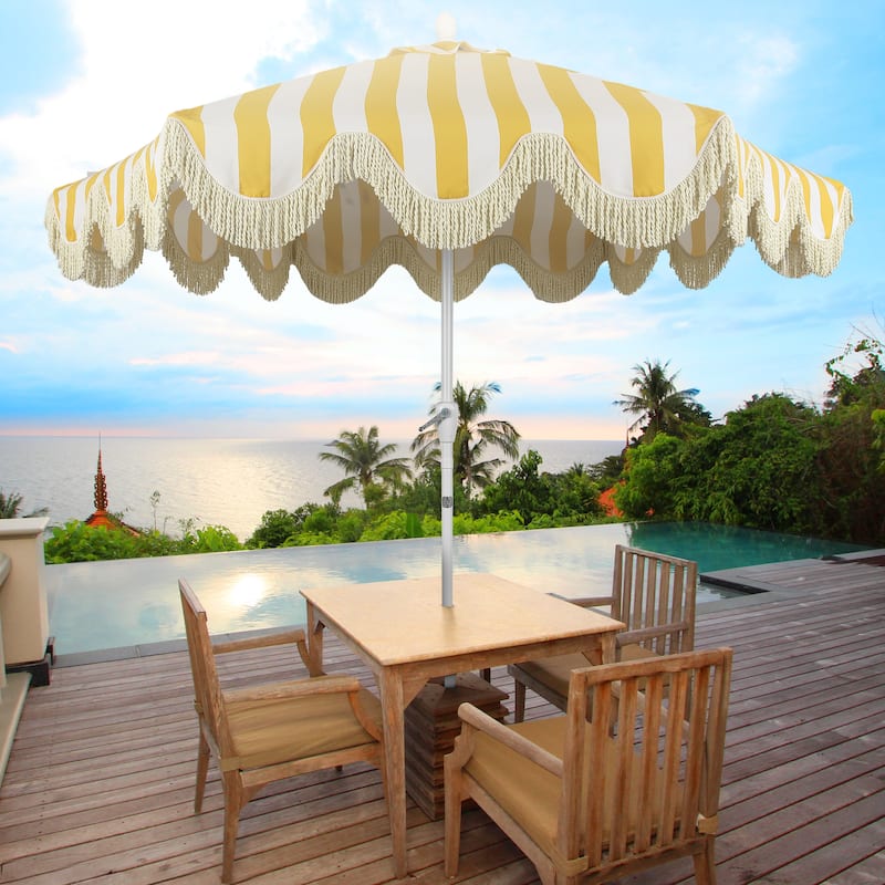 9ft Tassel Patio Umbrella Auto-Tilt, Crank , by JONATHAN Y - Mustard Yellow/White/Cream