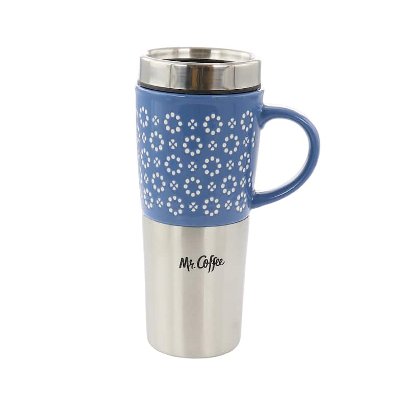 16 Ounce Stoneware and Stainless Steel Travel Mug With Lid in Blue - Blue