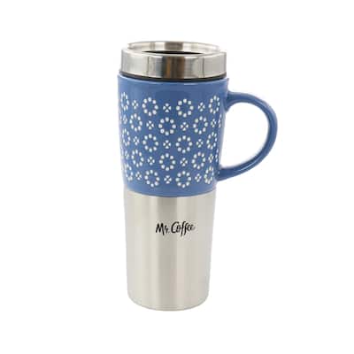 16 Ounce Stoneware and Stainless Steel Travel Mug With Lid in Blue