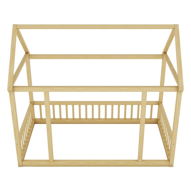 Pine Wood Floor Bed with House Roof Frame and Safety Guardrails