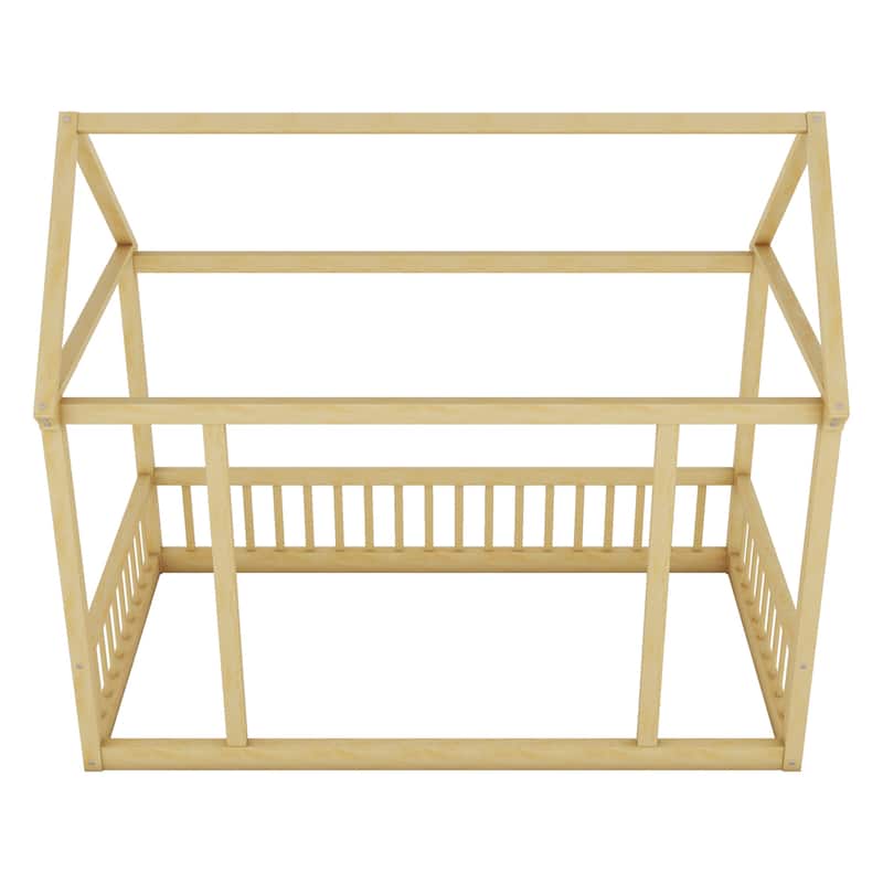 Pine Wood Floor Wooden Bed with House Roof Frame and Safety Guardrails
