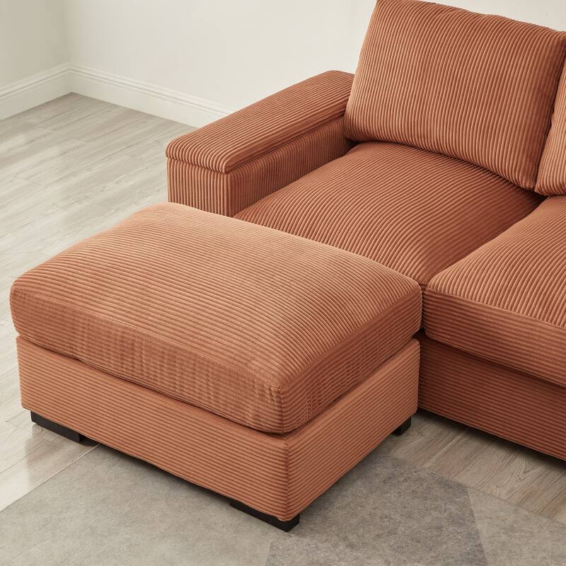 U-Shaped Sectional Sofa with 2 Movable Ottomans, Comfy Corduroy Upholstered 4 Seater Sofa, Lounge Sofa with Storage Armrests
