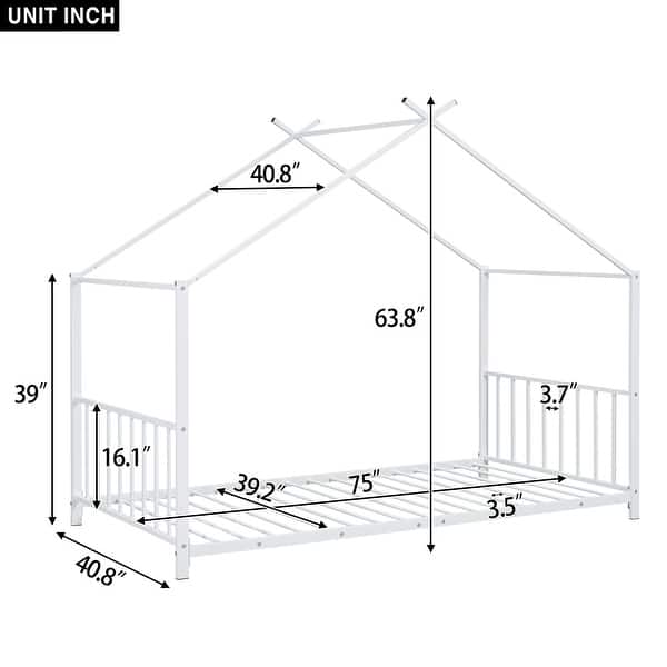 dimension image slide 1 of 3, Twin Size Metal House Platform Bed with Roof Design, House Bed with Slats Support for Kids Teens