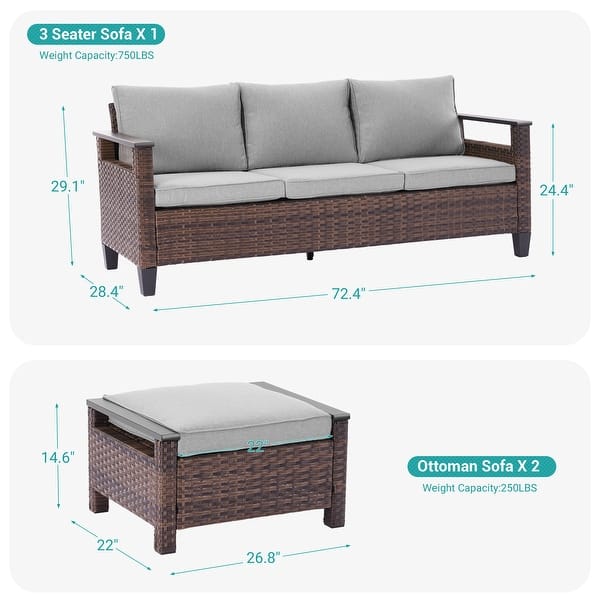 dimension image slide 0 of 4, Bonosuki 3 Pieces Patio Sofa with Ottomans, All-Weather PE Rattan Wicker Sofa Small Patio Conversation Couch with Cushion, Brown