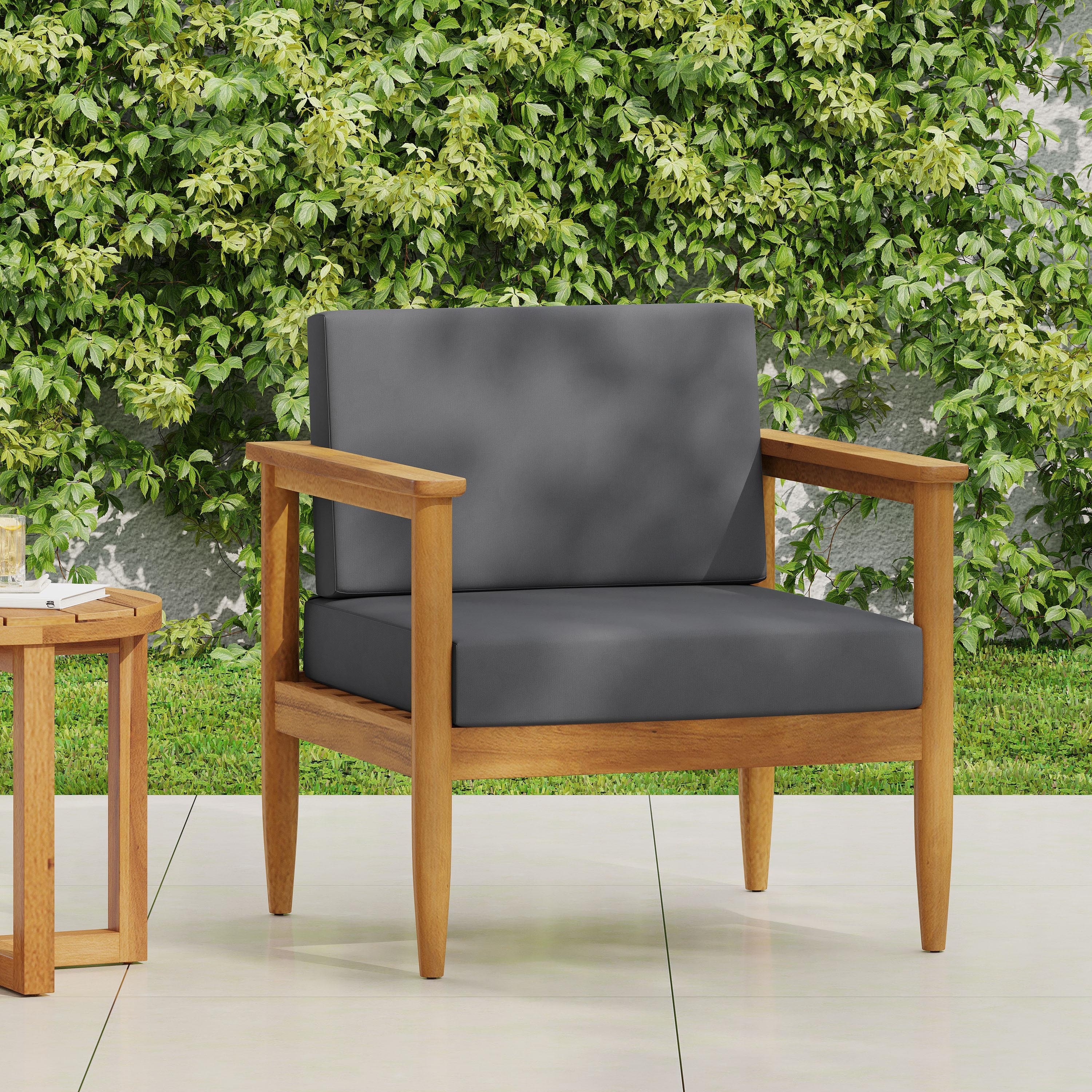 Roomfitters Mid-Century Acacia Wood Outdoor Lounge Chair with Cushions, Weather-Resistant, Grey
