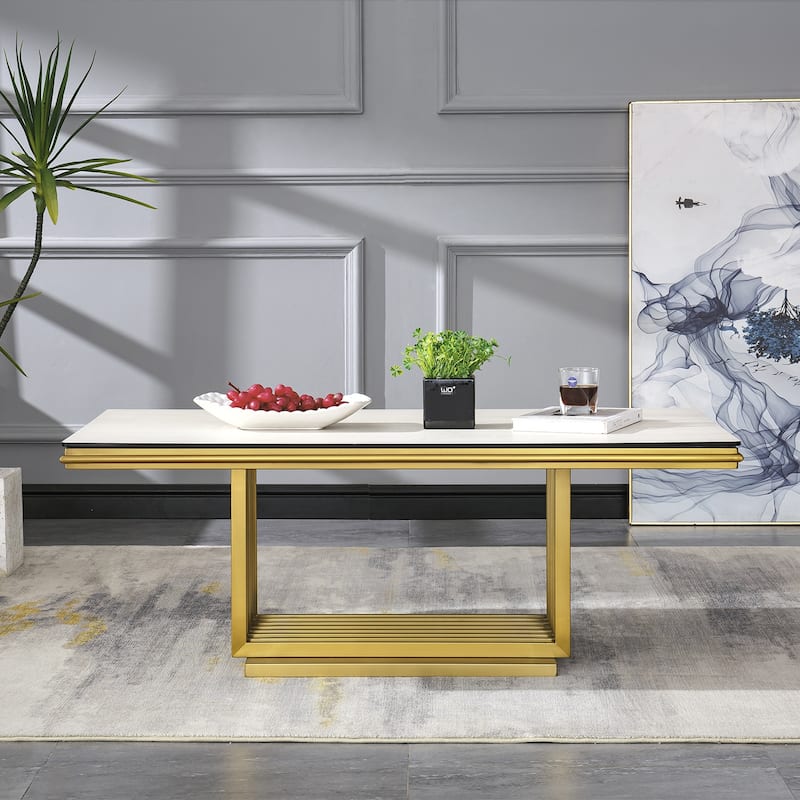 Luxurious 50 inch Glass Coffee Table with Brushed Gold Stainless Steel Base
