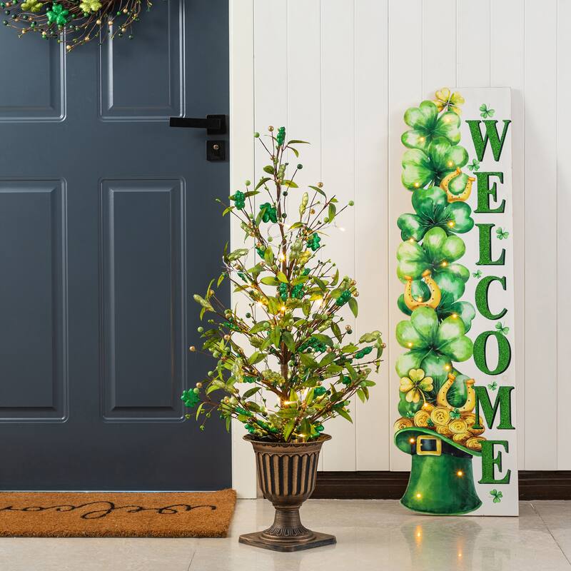 Glitzhome 36"H LED Lightd St. Patrick's Shamrock Urn Porch Tree with Timer - 1-Piece