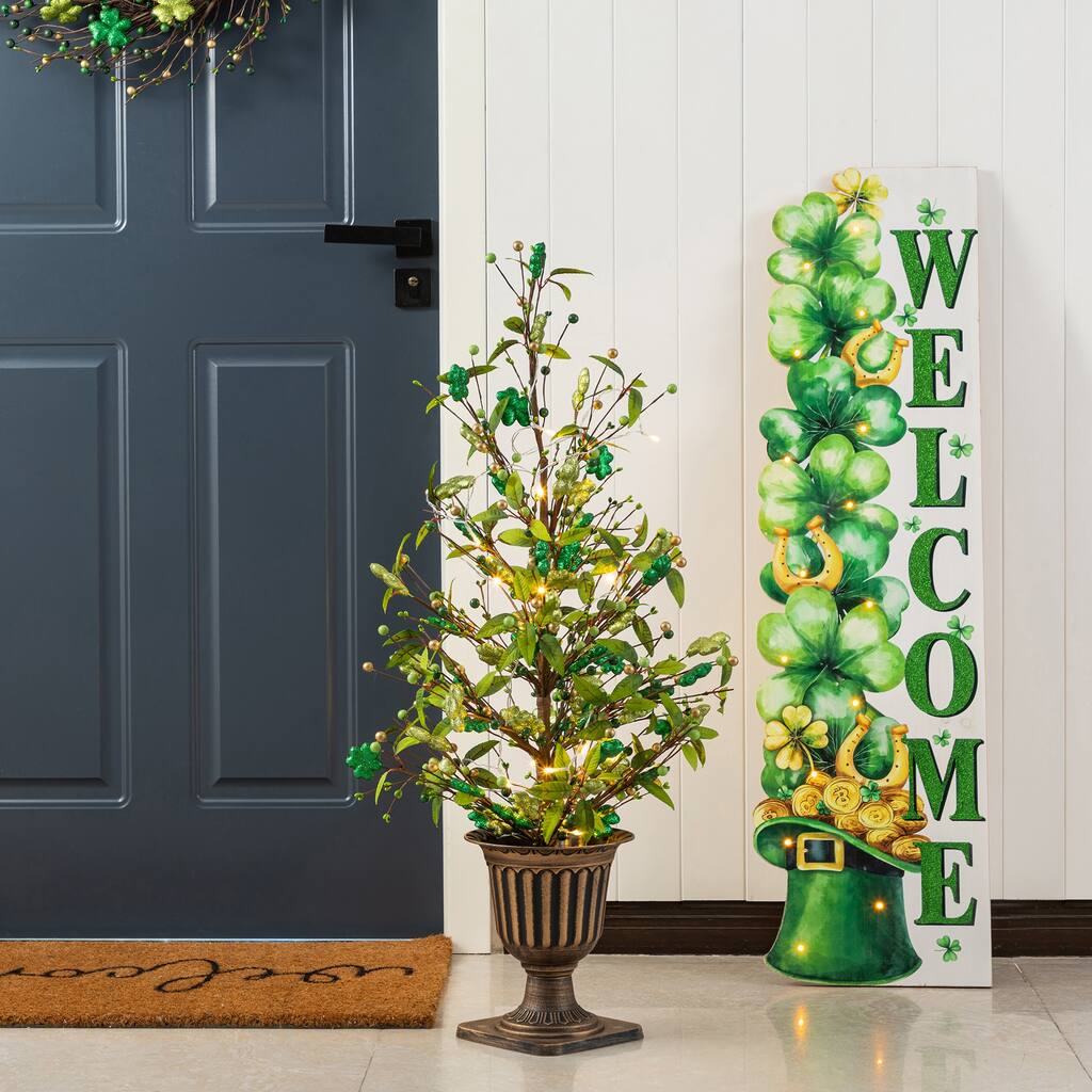 Glitzhome 36"H LED Lightd St. Patrick's Shamrock Urn Porch Tree with Timer