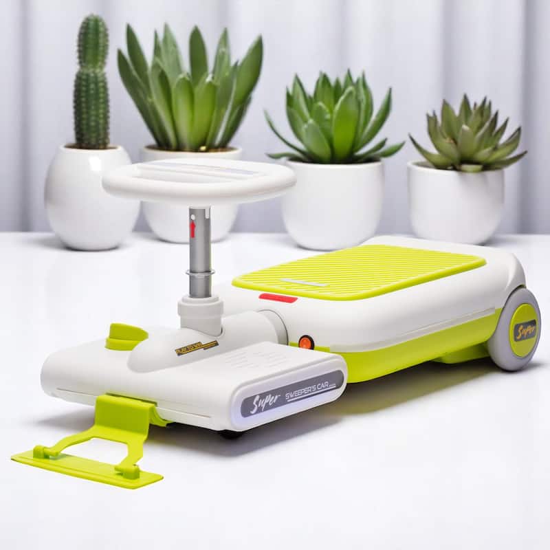 12V Electric Ride-On Cleaning Car for Kids with Mopping Function, Music, Lights, Retractable Body - Toddler Cleaning Vehicle - Green