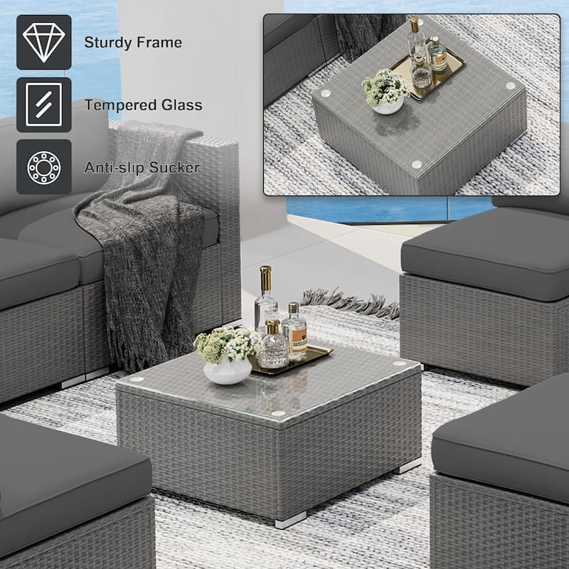 7-piece Outdoor Patio Grey Wicker Rattan Cushioned Sectional Sofa Conversation Set