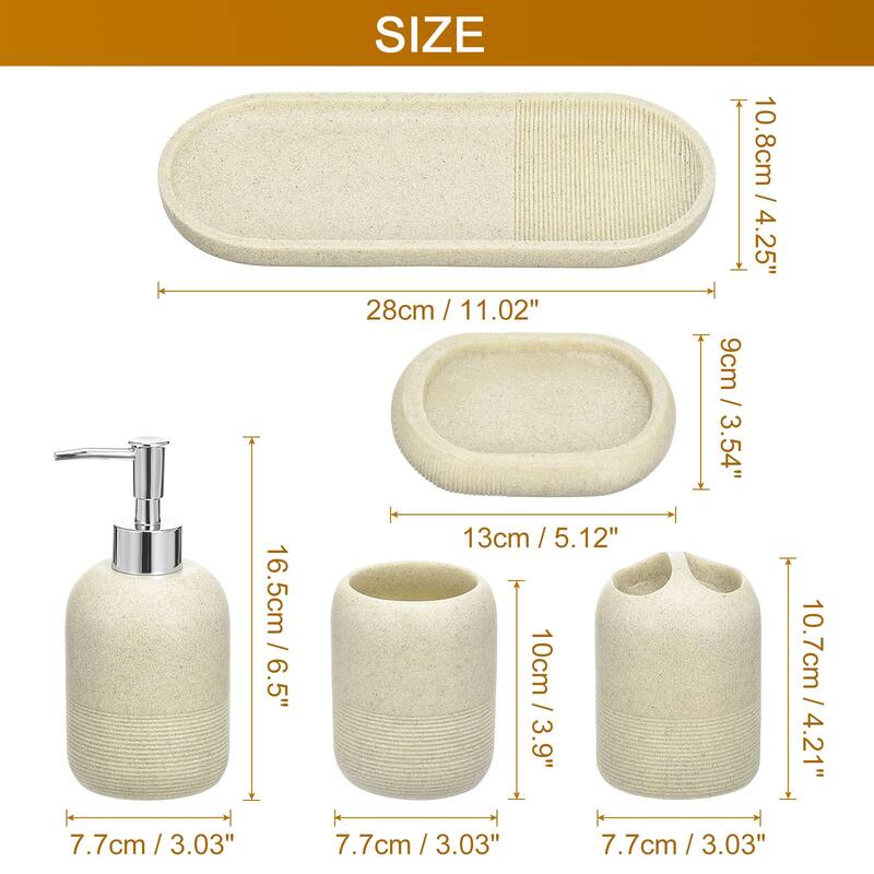 5pc Bathroom Accessories Set Stone Toothbrush Tumbler Holder - Beige