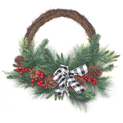 24" Christmas Mixed Pine and Berries Wreath - Green - 24 in