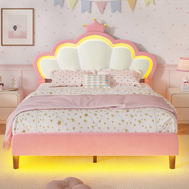 Bed Frame LED Lights Girls Bed Princess Crown Velvet Upholstered Platform Bed