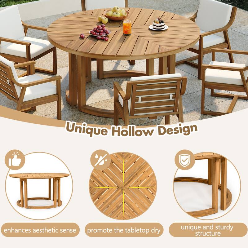 Round Patio Dining Table Set for 6 with Umbrella Hole Durable Acacia Wood Outdoor Furniture