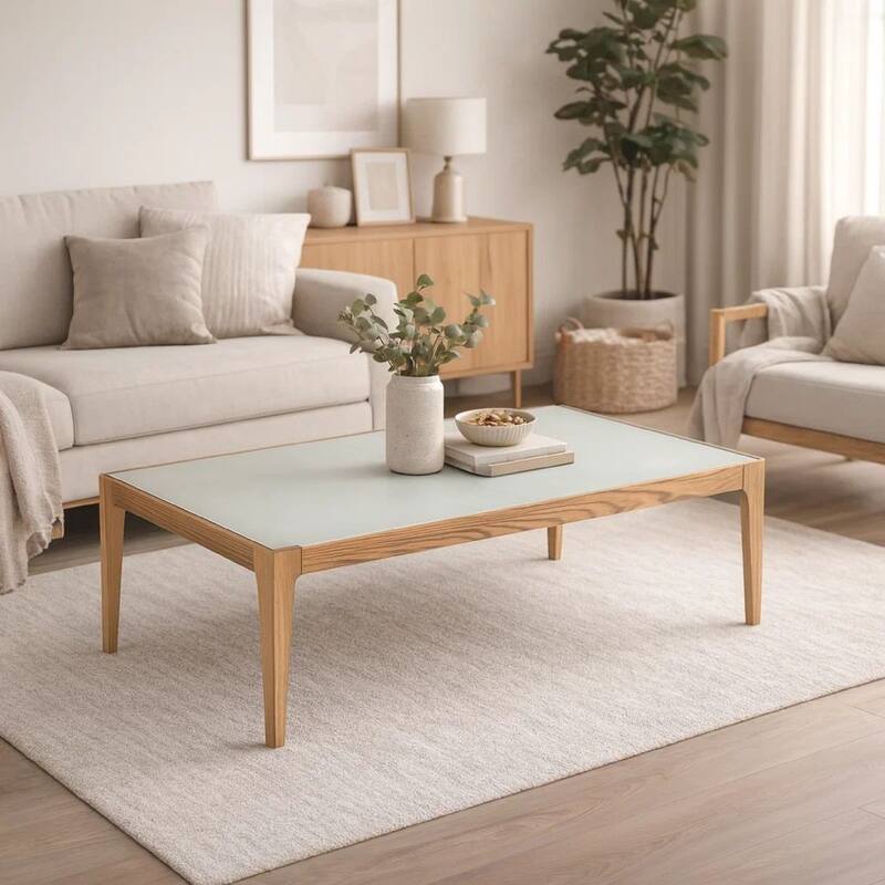 Wooden Frame Rectangular Coffee Table with Beveled Tempered Glass Top, Brown and Clear