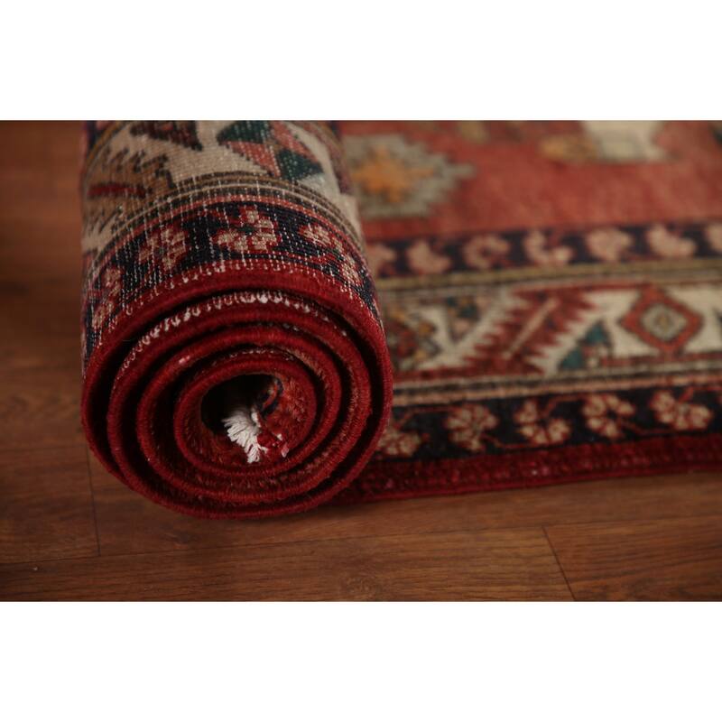 Geometric Red Heriz Persian Vintage Runner Rug Handmade Wool Carpet - 3'9"x 11'1"