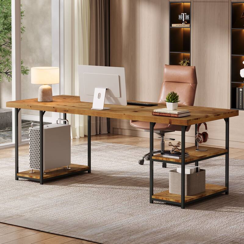 71-Inch Solid Wood Desk with Shelves - Brown