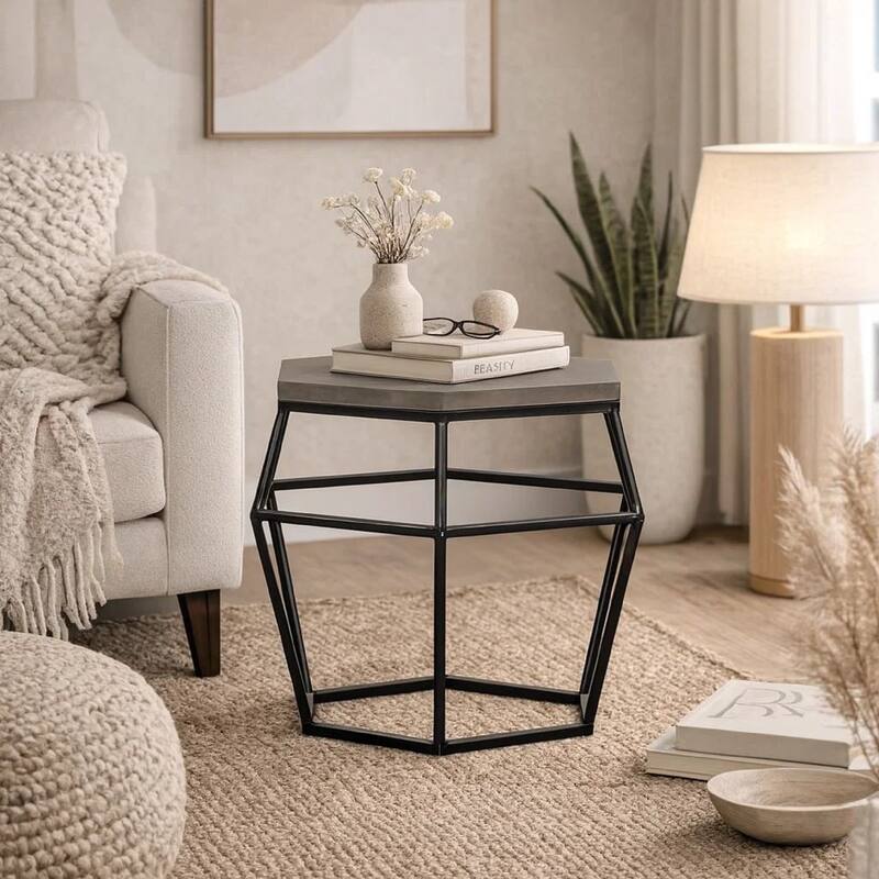 Hexagonal Concrete End Table with Metal Base, Gray and Black