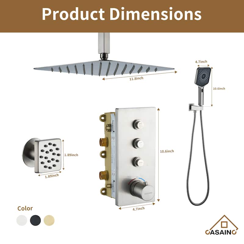 Luxury Thermostatic Shower System 3-Spray Patterns Ceiling Mount Fixed Shower Head and Handheld Spray with 6 Body Jets