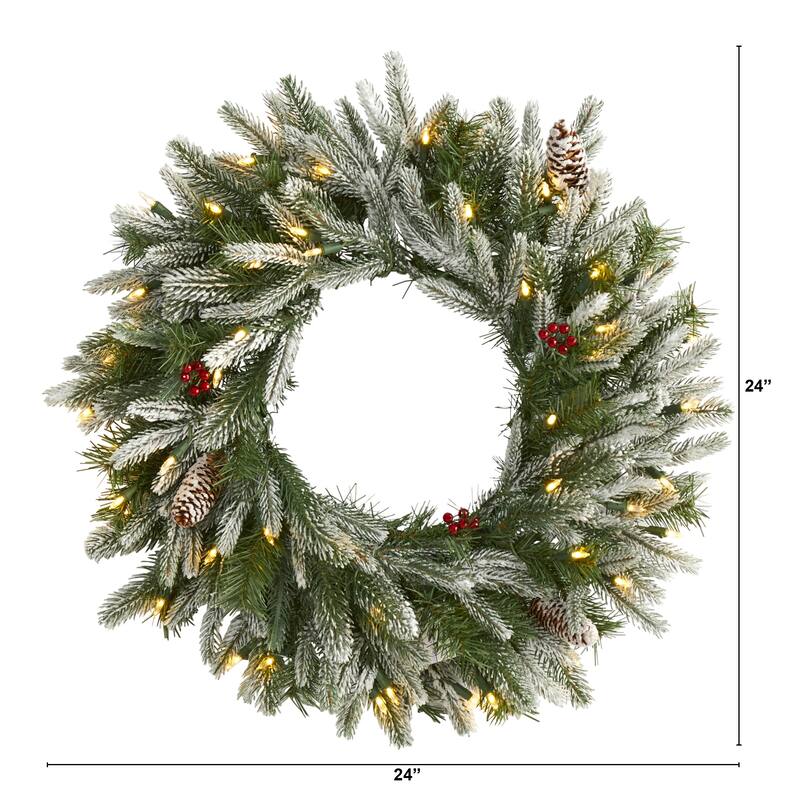 24" Snowed Christmas Wreath with 50 Warm White LED Lights