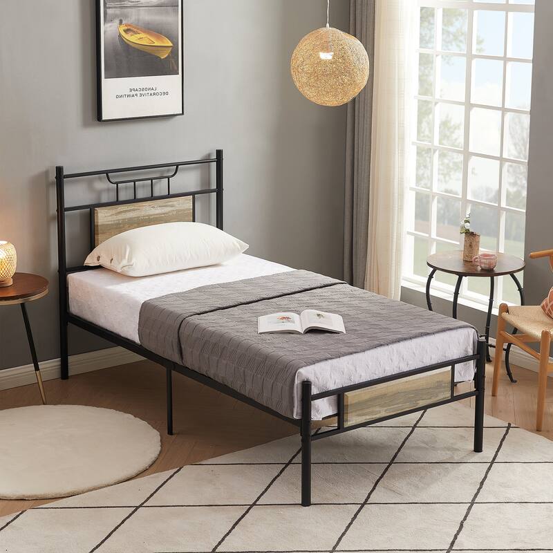 VECELO Industrial Bed Frame with Wood Headboard,Twin/Full/Queen Size Bed, Black/Brown/Slate-3 colors