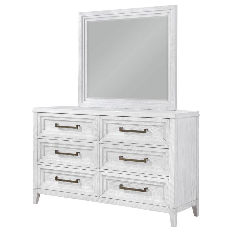 Leva Wide Dresser with Mirror, 6 Drawers, Distressed White Wood Frame