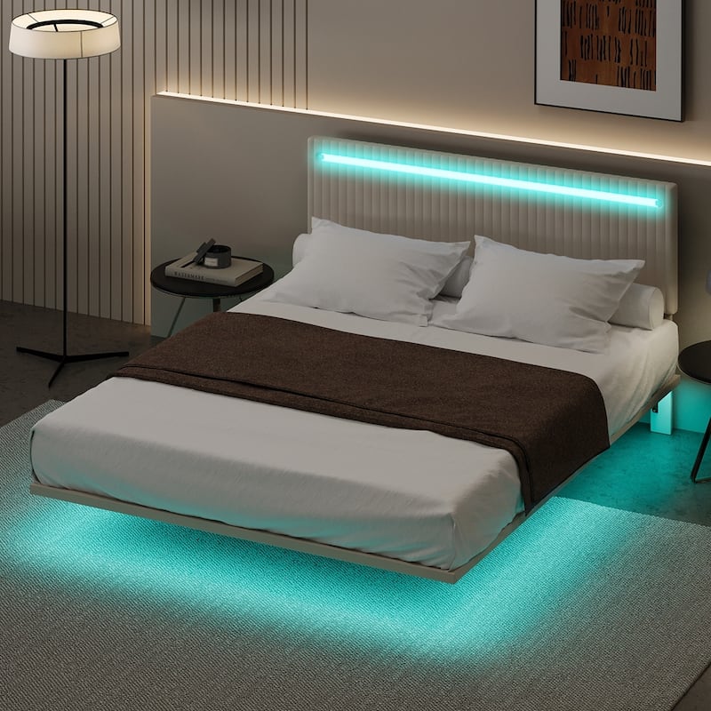 Modern Upholstered Floating Bed Frame with LED Lights Velvet Fabric Bed