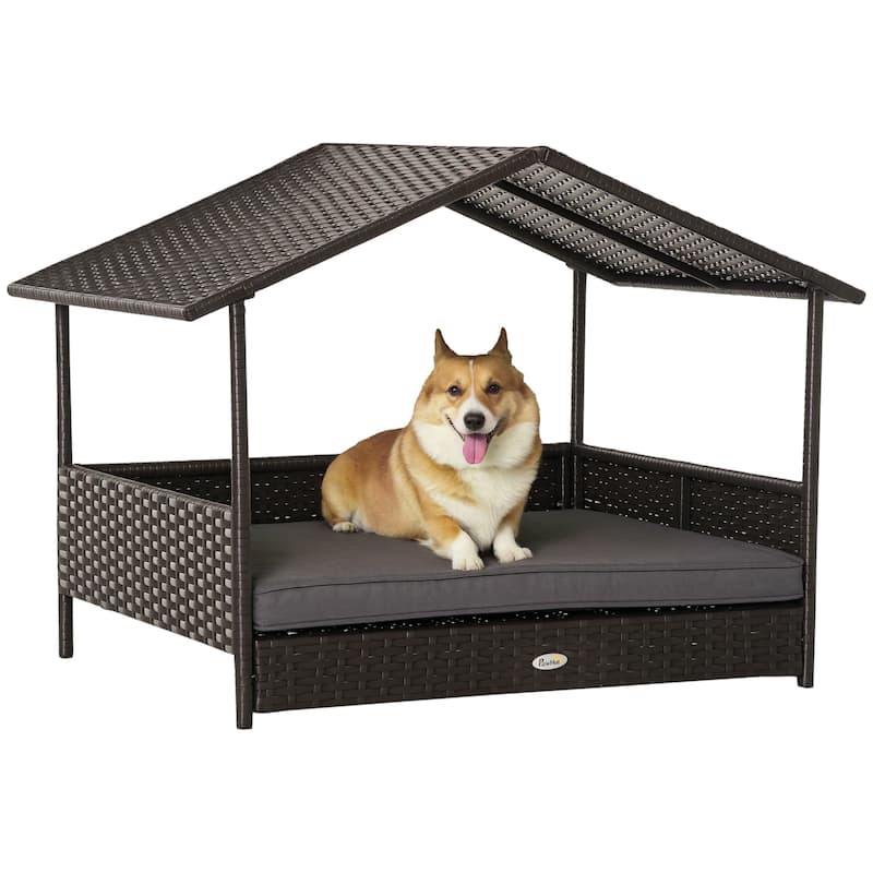 PawHut Wicker Dog House Raised Rattan Bed for Indoor/Outdoor