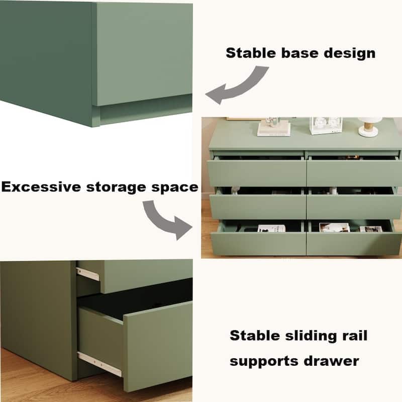 Large 6 Drawer Dresser Chest, Green Wooden Storage Cabinet with Extra Deep Drawers for Bedroom