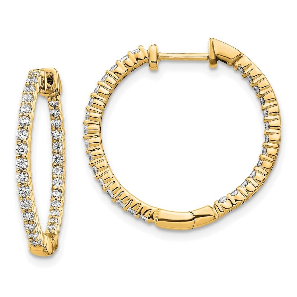 Curata 14k Gold Polished Diamond In and Out Hinged Hoop Earrings - 23x23mm Wide 2mm Thick