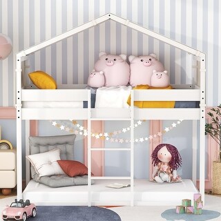 Twin Over Twin Wood House Bunk Bed with Tent, Roof and Ladder, White ...
