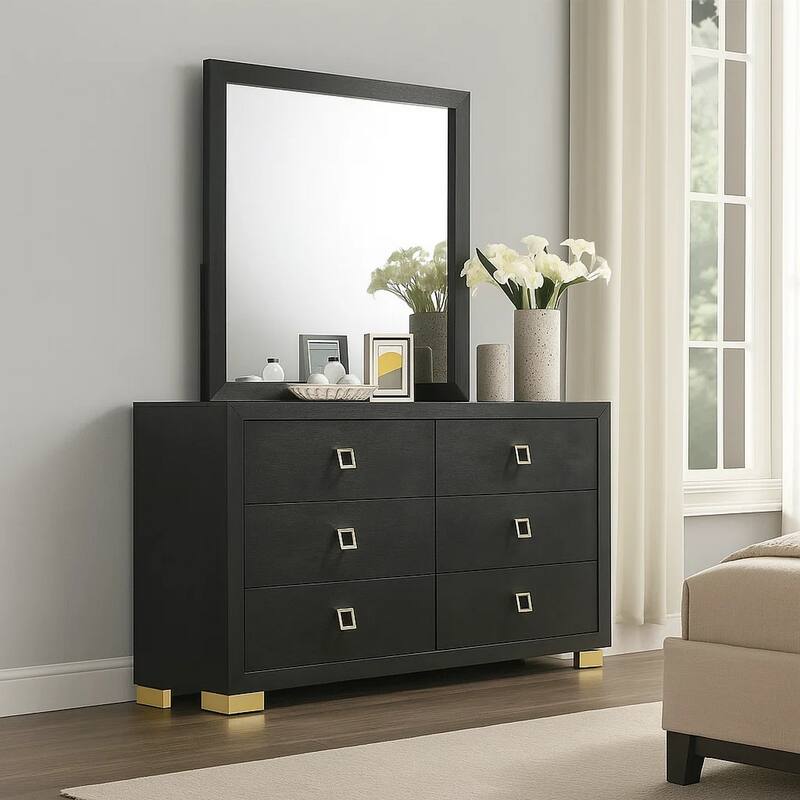 Lati Wide Dresser, 6 Drawers, Modern Black Wood, Gold Metal