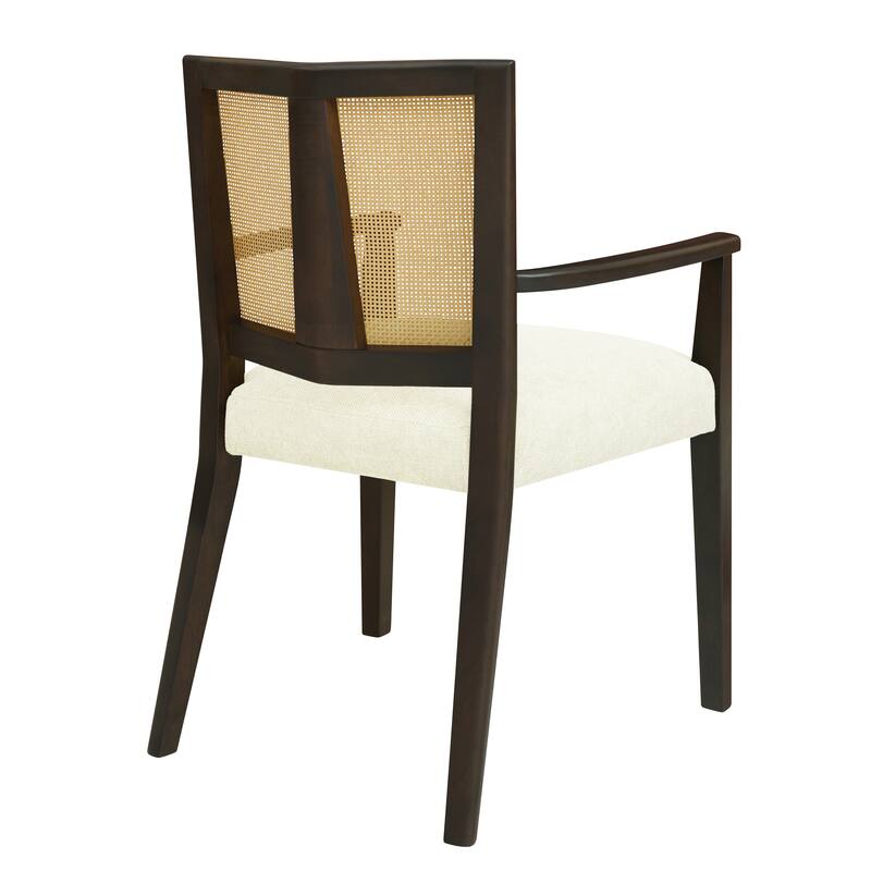 Set of 2 Modern Wooden Arm Dining Chairs with Rattan Backrest, Upholstered Fabric Seat, Rubberwood Frame