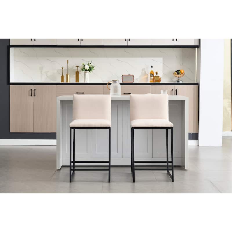 Set of 2 Counter Height Bar Stools, Ivory Linen Upholstery with Metal Frame & Footrest 
