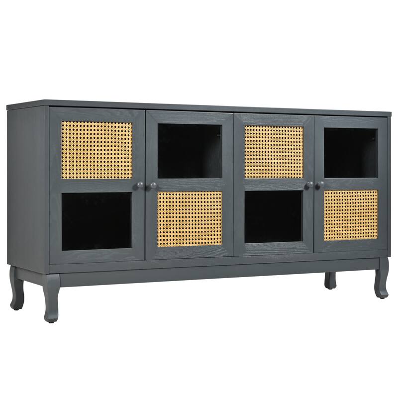 4-Door Sideboard with Large Storage Space Artificial Rattan Doors and Transparent Glass, for Dining Room Living Room
