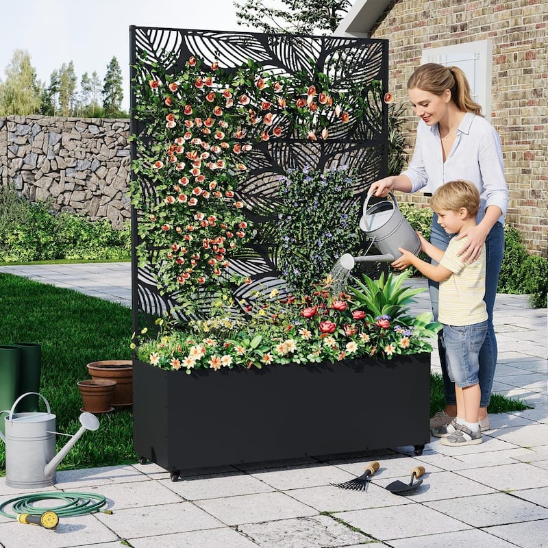 Metal Privacy Screen Planter Box, Raised Garden Bed for Climbing Plants, Veggies, Birch Leaf Style With Wheels