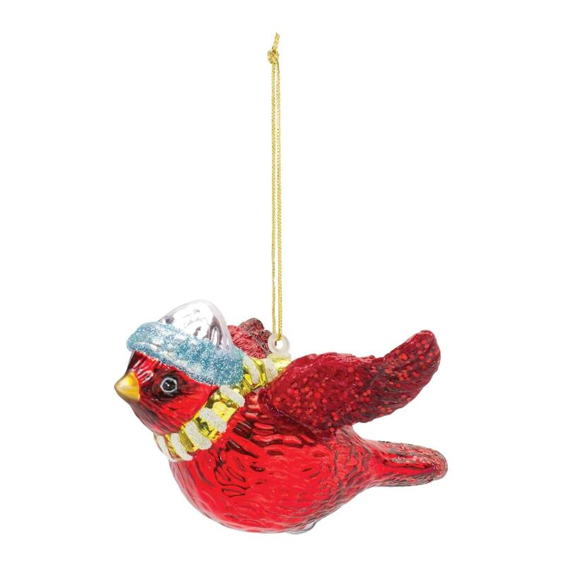 Set of 6 Red & Gold Flying Cardinal Bird Glass Christmas Ornaments 4"