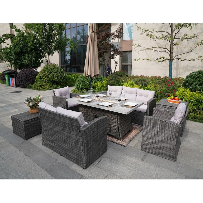 Outdoor 7-Piece Wicker Patio Sofa Set with Fire Pit Table,Gray