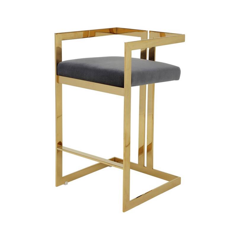 Zie 30 Inch Barstool Chair, Gray Velvet Padded Seat, Gold Steel Finish