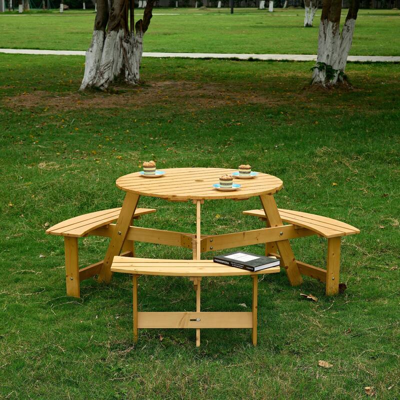 Outdoor 6 Person Round Picnic Table with Bench, Umbrella Hole for Garden, Backyard, Porch, Patio - Natural
