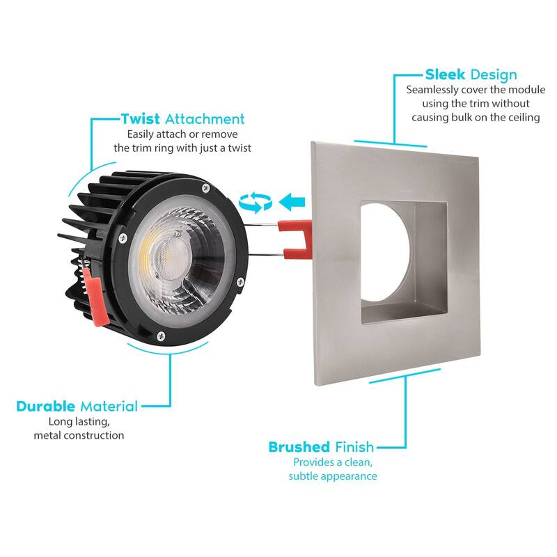 Luxrite 4 Inch Square LED Recessed Light, 15W, 5 Color Selectable, 1100 Lumens, 40° Spotlight, Wet Rated, Brushed Nickel