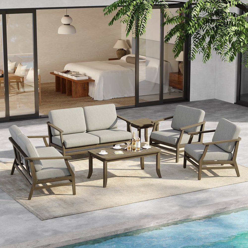 6-Seat Outdoor Teak Wood Patio Conversation Set with Cushions Tables