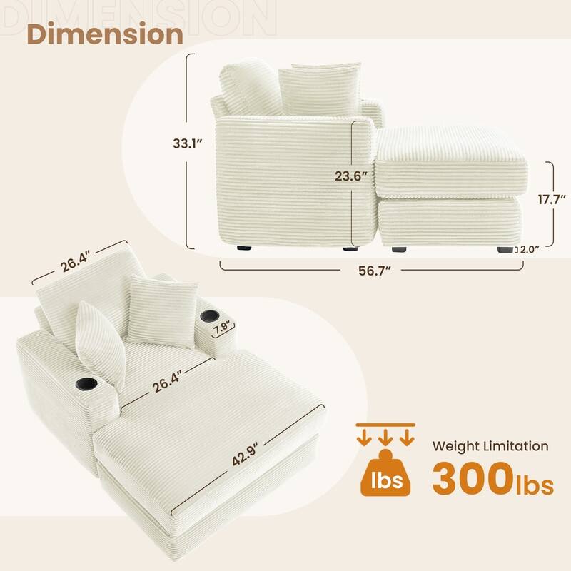 Chaise-Style Corduroy Sofa with Cup Holders and 3 Back Cushions - Reclining Lounge Design