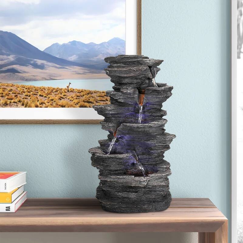 4-tiers Indoor Water Fountains Rockery Waterfalls Office Table Top Garden Decor - 15.7"H