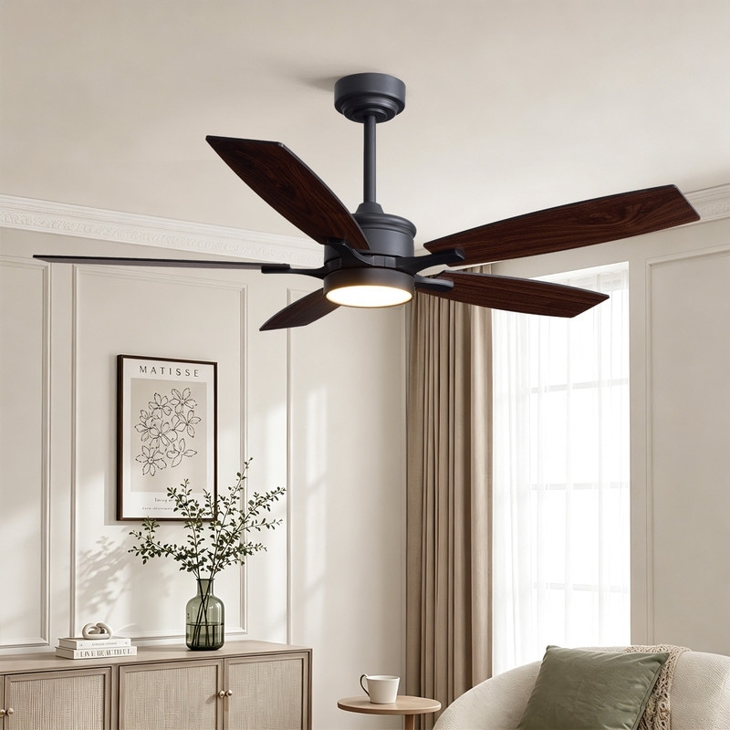 52 Inch Modern Farmhouse Ceiling Fan with Light Matte Black Walnut Blades Reversible DC Fan Light with Remote & App Control