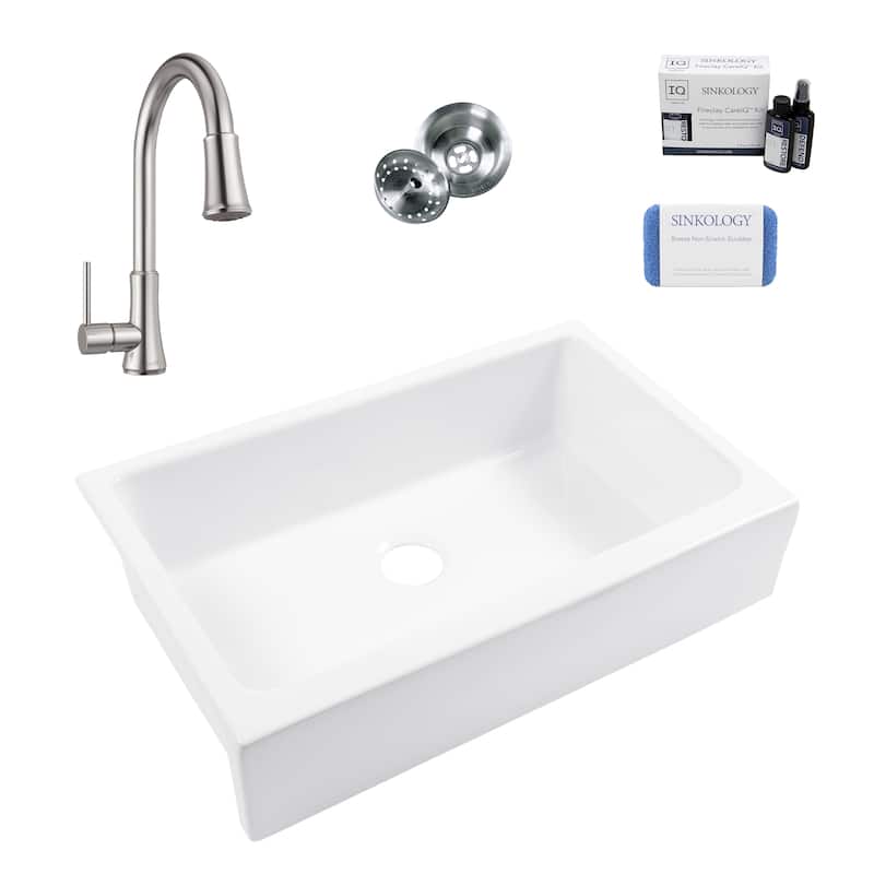 Grace Crisp White Fireclay 34-in Quick-Fit Farmhouse Undermount Single Bowl Kitchen Sink with Faucet Kit